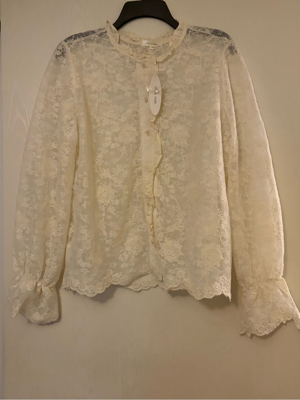 Lace Ruffle-Trim Long-Sleeve Blouse - Cream